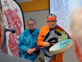 KPU Elder in Residence Lekeyten (right) and his wife Cheryl Gabriel offering a blessing at the June 20, 2023 x??el? launch at Kwantlen Polytechnic University.