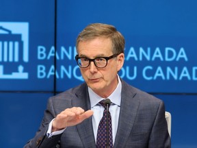 Governor of the Bank of Canada Tiff Macklem holds a press conference, in Ottawa, Thursday, May 18, 2023. The Bank of Canada hiked its key interest rate Wednesday by a quarter-percentage point, bringing the rate to 4.75 per cent -- the highest it's been since April 2001.
