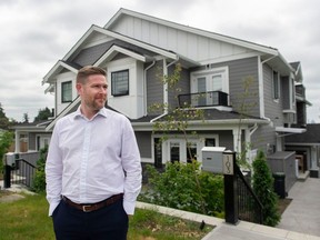 “We don’t want to lose that community support” for targeted density, says Andrew Merrill, a senior manager in Coquitlam. He stands in front of a recently-built four-plex in a neighbourhood in which residents were widely consulted. He has concerns about Victoria's blanket approach to upzoning.