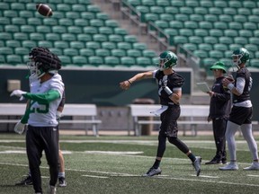 Saskatchewan Roughriders quarterback Trevor Harris (7) throws the ball during practice at Mosaic Stadium on Tuesday, June 20.