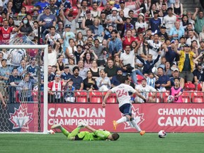 Vancouver Whitecaps' Brian White (24) scores against CF Montreal goalkeeper Jonathan Sirois during the second half of the Canadian Championship soccer final, in Vancouver, on Wednesday, June 7, 2023.