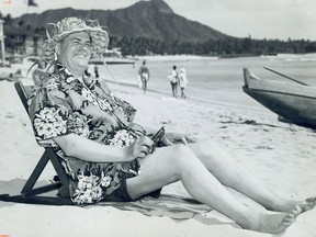 Former British Columbia Premier W.A.C. Bennett at Waikiki Beach in Honolulu, Hawaii. Print is dated April 5, 1955. Stamp on back is from Walt's Photo Service, Honolulu. From the "Bennett. W.A.C. - Unflattering Pix" file. Then-Sun editor Erwin Swangard has had someone attach a note stating "This pic must be checked with Mr. Swangard before publication."