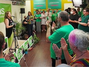 Camile Currie addresses her supporters at the Green party campaign office during a by election in the provincial riding of Langford-Juan de Fuca on Saturday, June 24, 2023. Currie came in third, with New Democrat Ravi Parmar elected as MLA.