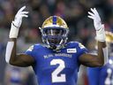 Winnipeg Blue Bombers defensive end Jonathan Kongbo wants more crowd noise to disrupt the B.C. Lions at IG Field in Winnipeg on Oct. 23, 2021.