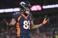 Tim Patrick of the Denver Broncos reacts after a non-penalty call during a 2022 game.