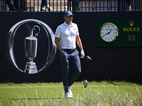 U.S. golfer Jordan Spieth walks from the first tee during a practice round ahead of the 151st Open Championship at Royal Liverpool Golf Club in Hoylake, England on Sunday, July 16, 2023.