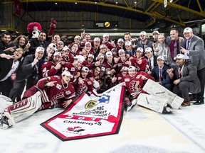 The Chilliwack Chiefs celebrate after winning their first RBC Cup on Sunday May 20, 2018.