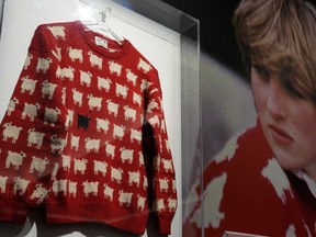 The historic Princess Diana black sheep jumper is on display at the auction house Sotheby's in London, Monday, July 17, 2023. The 'Worn on Several Occasions & Adored by the Fashion Icon' jumper will be on auction headlining Sotheby's inaugural fashion icons sale in New York this September at an Estimate of $50,000 – 80,000, 38,000-61,000 pounds.
