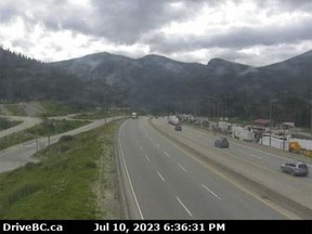 The Coquihalla Highway (Highway 5) in the area of the Great Bear snowshed and Zopkios brake check is closed southbound Monday evening.