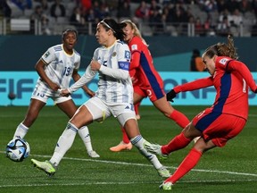 Norway's midfielder #11 Guro Reiten shoots on goal during the Australia and New Zealand 2023 Women's World Cup Group A football match between Norway and the Philippines at Eden Park in Auckland on July 30, 2023.