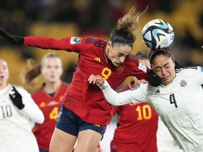 Spain's Esther Gonzalez, left, and Costa Rica's Mariana Benavides compete to head for the ball during the Women's World Cup Group C soccer match between Spain and Costa Rica in Wellington, New Zealand, Friday, July 21, 2023.