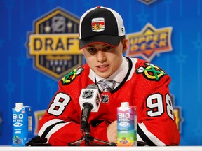 Connor Bedard speaks to the media after being selected by the Chicago Blackhawks with the first overall pick during round one of the 2023 Upper Deck NHL Draft at Bridgestone Arena on June 28, 2023 in Nashville, Tennessee.