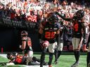 B.C. Lions' Jalon Edwards-Cooper (29), Marcus Sayles (14), T.J. Lee (6) and Mathieu Betts (90) celebrate after Edwards-Cooper returned a blocked Montreal Alouettes field goal attempt for a touchdown during the first half of a CFL football game, in Vancouver, B.C., Sunday, July 9, 2023.