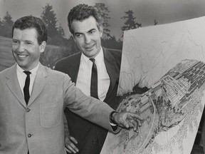 July 31, 1963. Vancouver Architects Arthur Erickson (left) and Geoffrey Massey have had their design selected for the new Simon Fraser University of Burnaby Mountain. Erickson is UBC associate professor of architecture. Massey is son of actor Raymond Massey.