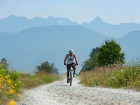With smoke from distant and not so distant forest fires partially obscuring the mountains in the distance, a cyclist braves the heat and rides along the dyke next to the Pitt River in Port Coquitlam on July 6, 2023.