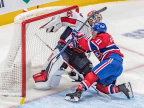 Montreal Canadiens right wing Brendan Gallagher (11) crashes into Washington Capitals goaltender Darcy Kuemper during the third period at the Bell Centre in Montreal on Thursday April 6, 2023.