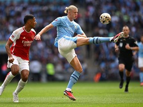 Erling Haaland of Manchester City controls the ball during The FA Community Shield.