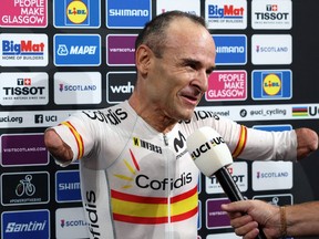 Spain's Ricardo Ten Argiles is interviewed after winning the men's para-cycling C1 Scratch Race Final race during the UCI Cycling World Championships.