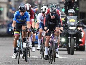 The breakaway group take part in the men's Elite Road Race at the Cycling World Championships in Glasgow, Scotland on August 6, 2023.