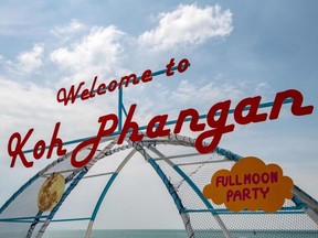 This file photo taken on November 28, 2021 shows a welcome sign at a pier on Koh Pha Ngan in the Gulf of Thailand. A Spanish man has confessed to murdering and dismembering the body of another foreigner on the popular Thai tourist island of Koh Pha Ngan, police said said on August 5, 2023.