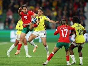 Sakina Ouzraoui of Morocco and Marcela Restrepo of Colombia compete for the ball during the FIFA Women's World Cup Australia & New Zealand 2023 Group H match between Morocco and Colombia at Perth Rectangular Stadium on August 03, 2023 in Perth, Australia.