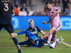 Lionel Messi plays against the Philadelphia Union at Subaru Park on August 15, 2023 in Chester, Pennsylvania.