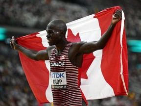 Gold medalist Marco Arop of Team Canada reacts after winning the Men's 800m Final during day eight of the World Athletics Championships Budapest 2023 at National Athletics Centre on August 26, 2023 in Budapest, Hungary.