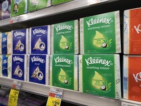 Boxes of Kleenex tissues are displayed in a pharmacy on Monday, April 19, 2021 in New York.