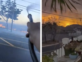 This combination of images from video made by neighbors Shane Treu, left, and Robert Arconado on Aug. 8, 2023 shows fires outside their homes on the Hawaiian island of Maui. Treu used a garden hose to spray water during fires caused by snapped electrical cables falling to the dry grass below and quickly igniting a row of flames.