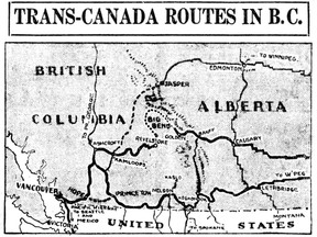 "Trans-Canada Routes in B.C." from the Aug. 21, 1931 edition of The Vancouver Sun, showing the route of the Trans-Canada with the "Big Bend" highway between Revelstoke and Golden.