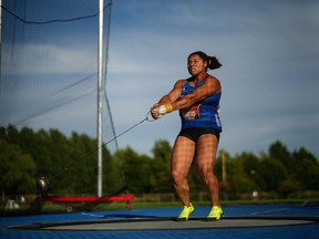 Camryn Rogers, of Richmond, B.C., competes in the women's hammer competition at the Canadian track and field championships in Langley, B.C., on Friday, July 28, 2023.