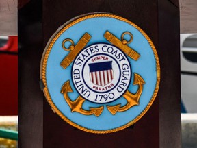 The U.S. Coast Guard logo is seen in Miami, Florida, on January 27, 2022.