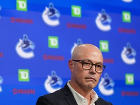 Vancouver Canucks general manager Patrik Allvin during the team's end of season news conference on April 17, 2023.