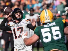 It's only August but Dane Evans and the B.C. Lions have a chance to really gain the upper hand on the Winnipeg Blue Bombers. B.C. Lions quarterback Dane Evans (17) makes the throw against the Edmonton Elks during first half CFL action in Edmonton, Alta., Saturday July 29, 2023.