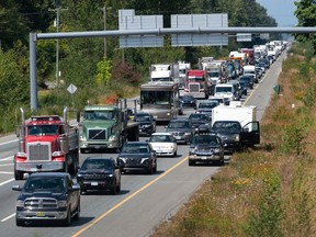 Early afternoon traffic on the Trans-Canada Highway at 264th Street in Langley.