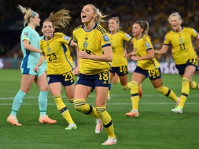 Fridolina Rolfo of Sweden celebrates scoring her team's first goal during the FIFA Women's World Cup Australia and New Zealand 2023 Third Place Match match between Sweden and Australia at Brisbane Stadium on Aug. 19, 2023 in Brisbane, Australia.