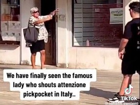 "Attenzione, Pickpocket!" a phrase popularized in online videos by 57-year-old Monica Poli, pictured, is a signal to unsuspecting tourists that someone is trying to take their things.