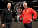 Laver Cup CEO Steve Zacks, left, and Team World vice-captain Patrick McEnroe pose with the trophy during a first look at Rogers Arena on Sept. 18.