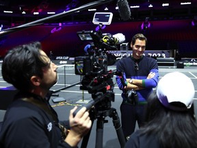 Former ATP Player Roger Federer interviews ahead of the Laver Cup at Rogers Arena on September 19, 2023 in Vancouver, British Columbia.