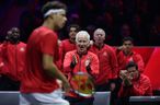 Captain John McEnroe of Team World reacts during Laver Cup match between Ben Shelton and Arthur Fils of Team Europe on Friday at Rogers Arena.