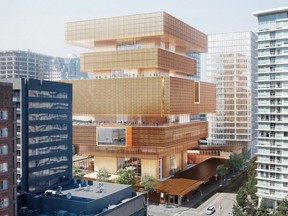 Image Embargoed to 9:45 am Thursday, Nov. 4, 2021: Artist rendering of the redesigned facade of the new Vancouver Art Gallery showing the building wrapped in a copper-coloured metallic weave. As well, it shows the building's increased massing on the top sections Source: Vancouver Art Gallery.