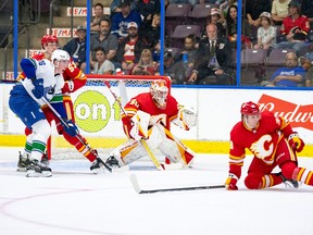 Vancouver Canuck forward prospect Vilmer Alriksson plants himself at the front of the net against the Calgary Flames at the Young Stars tournament in Penticton on Friday, Sept. 15, 2023.