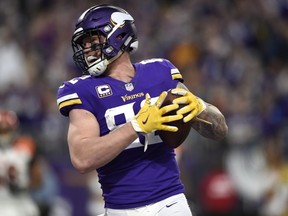 Kyle Rudolph #82 of the Minnesota Vikings celebrates after catching the ball for a touchdown in the third quarter of the game against the Cincinnati Bengals on December 17, 2017 at U.S. Bank Stadium in Minneapolis, Minnesota.