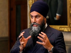 New Democratic Party leader Jagmeet Singh speaks to reporters outside the House of Commons, March 28, 2023.