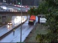 A truck hit an overpass leading on Highway 1 near the Ironworkers Memorial Bridge Tuesday, Sept. 19, 2023.