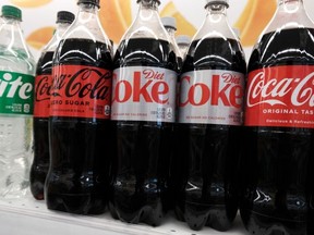 Bottles of Coca-cola products including Diet Coke which contains the artificial sweetener aspartame are displayed on a store shelf on July 14, 2023 in New York City.