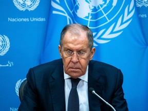 Russian Foreign Minister Sergey Lavrov holds a press conference during the United Nations General Assembly (UNGA) at the United Nations headquarters on Sept. 23, 2023 in New York City.