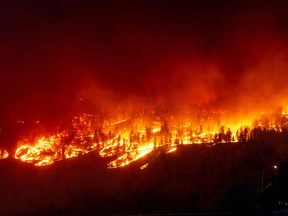 File photo of the McDougall Creek wildfire burning in the hills in West Kelowna. (Photo by Darren HULL / AFP)