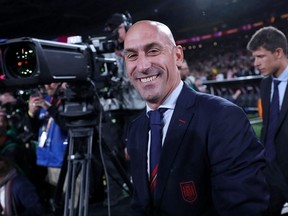 President of the Royal Spanish Football Federation Luis Rubiales (C) reacts at the end of the Australia and New Zealand 2023 Women's World Cup final football match between Spain and England at Stadium Australia in Sydney on August 20, 2023.