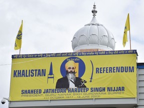 An image of Hardeep Singh Nijjar is displayed at the Guru Nanak Sikh Gurdwara temple in Surrey, B.C. on Sept. 19, 2023.